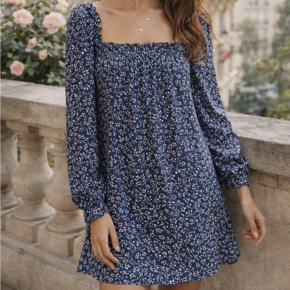 REFORMATION Hudsen Blue Floral Mini Dress Romantic Square NeckM
